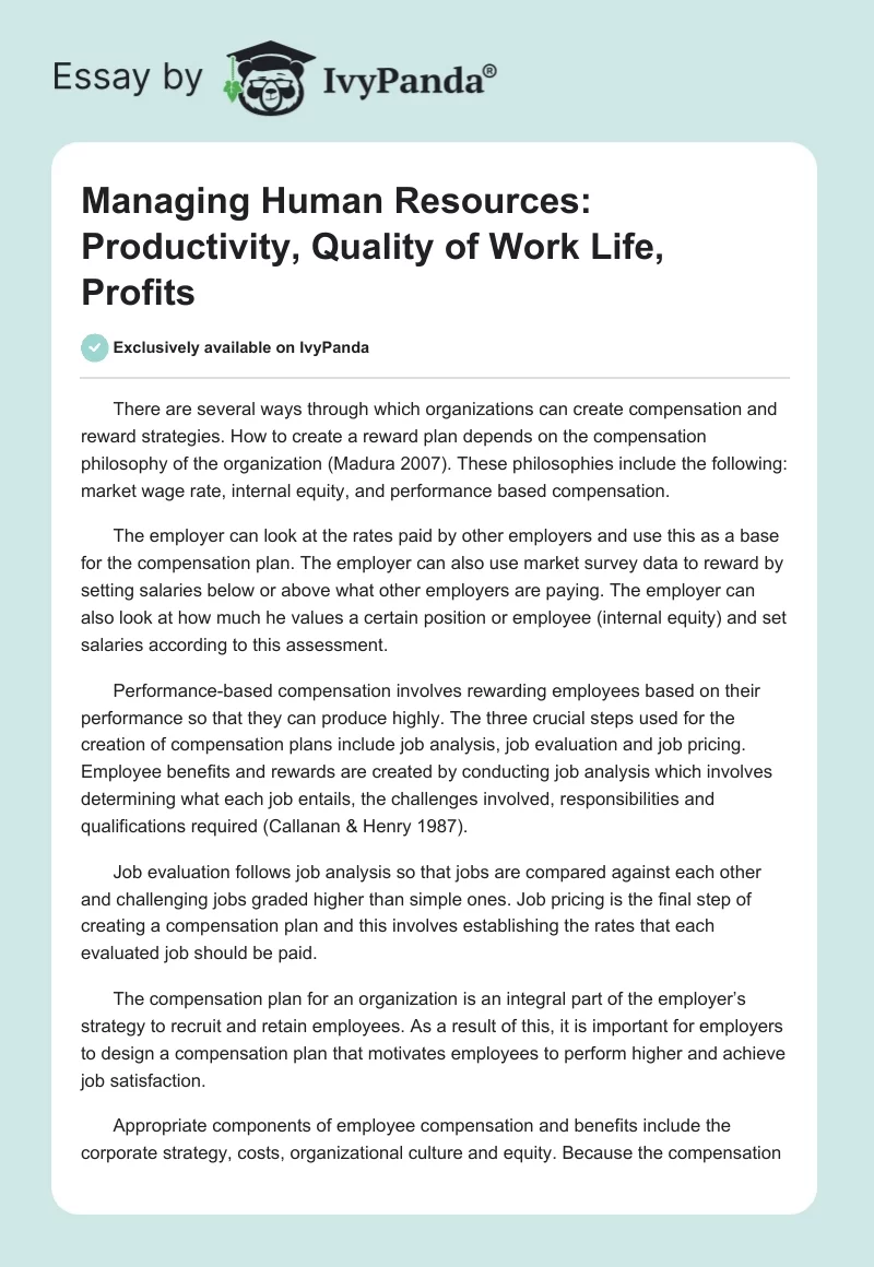 Managing Human Resources: Productivity, Quality of Work Life, Profits. Page 1