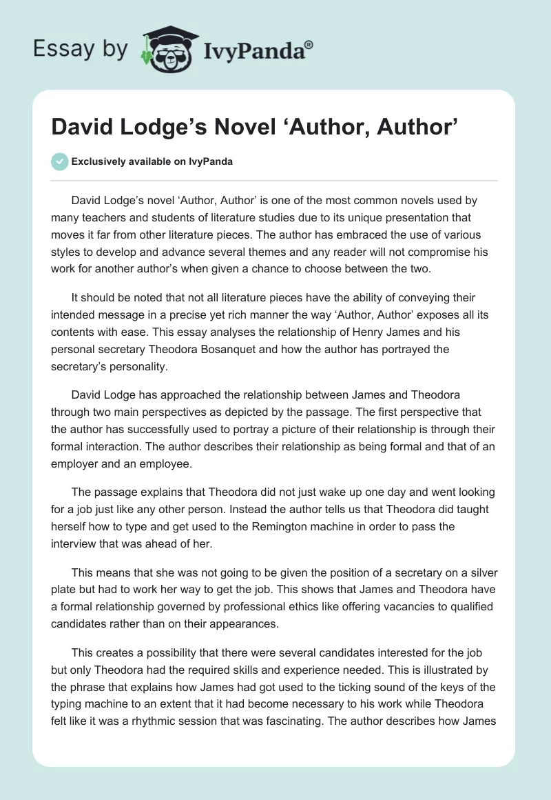 David Lodge’s Novel ‘Author, Author’. Page 1