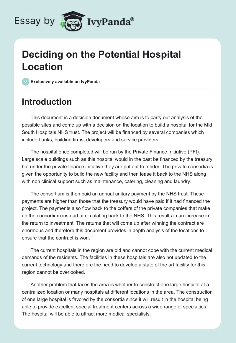 Deciding on the Potential Hospital Location. Page 1