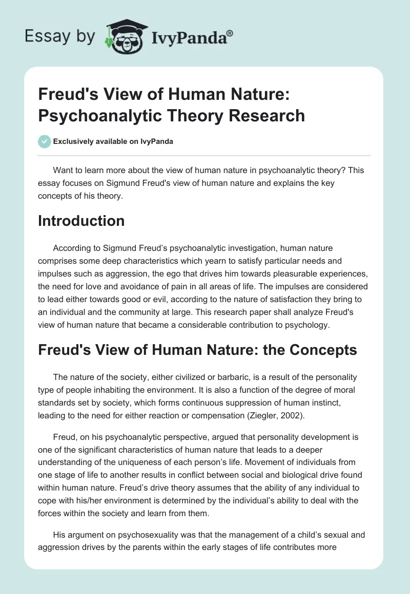 Freud's View of Human Nature: Psychoanalytic Theory Research. Page 1