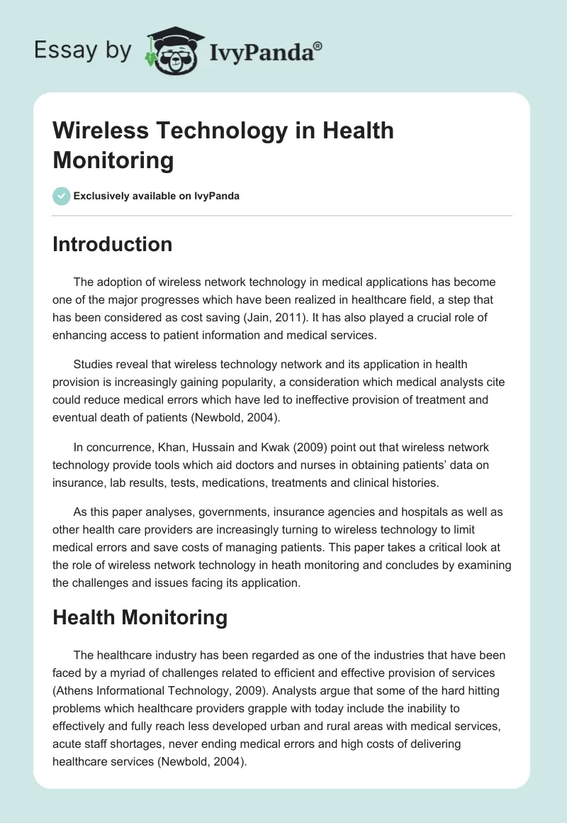 Wireless Technology in Health Monitoring. Page 1