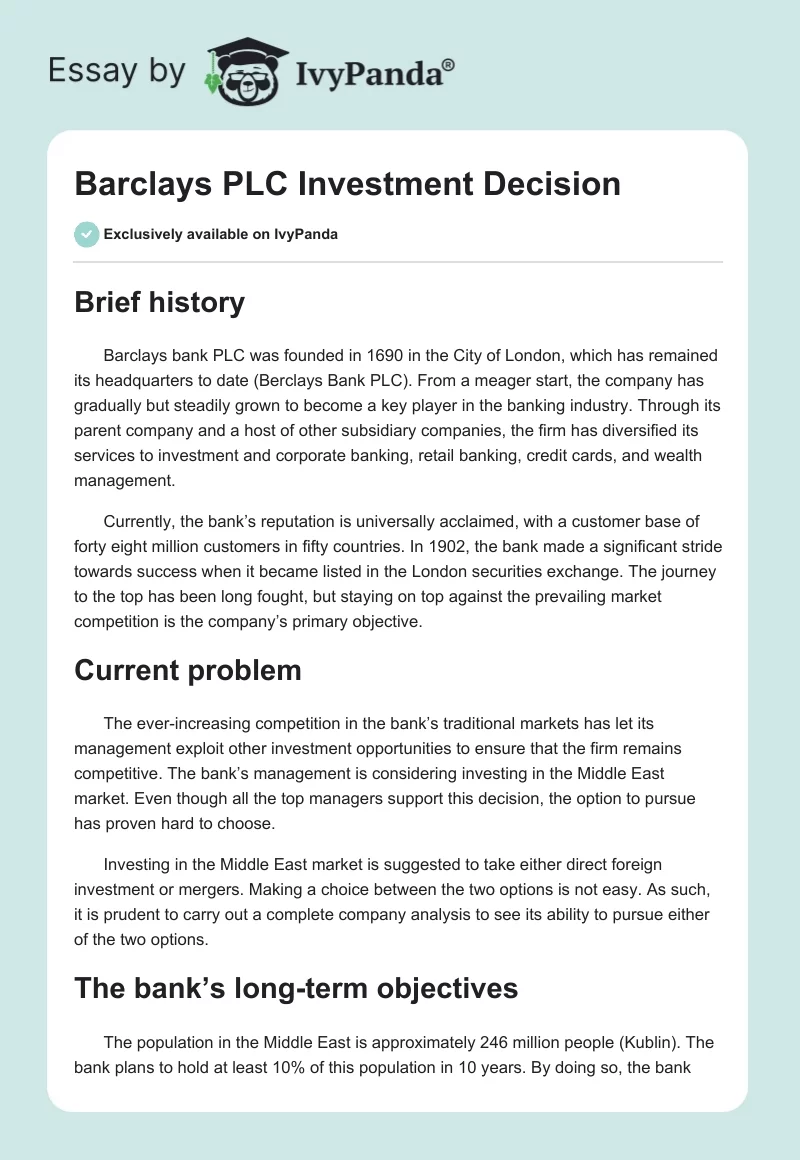 Barclays PLC Investment Decision. Page 1