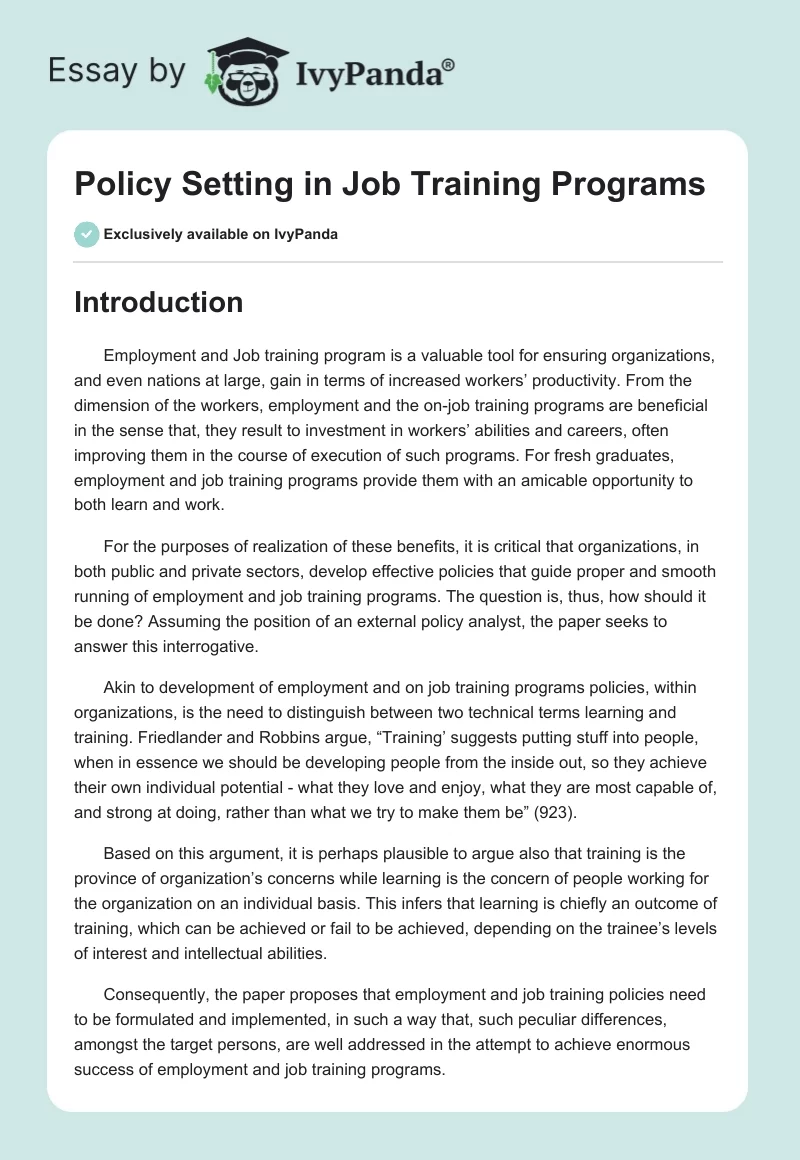 Policy Setting in Job Training Programs. Page 1