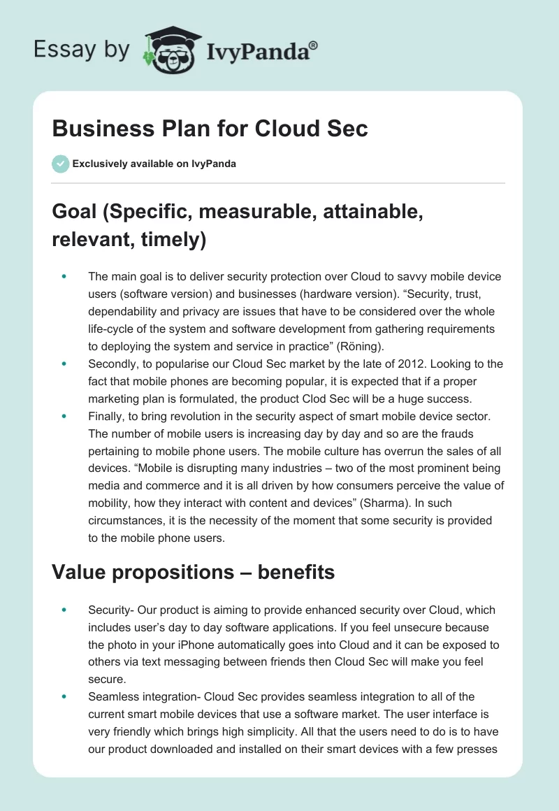 Business Plan for Cloud Sec. Page 1