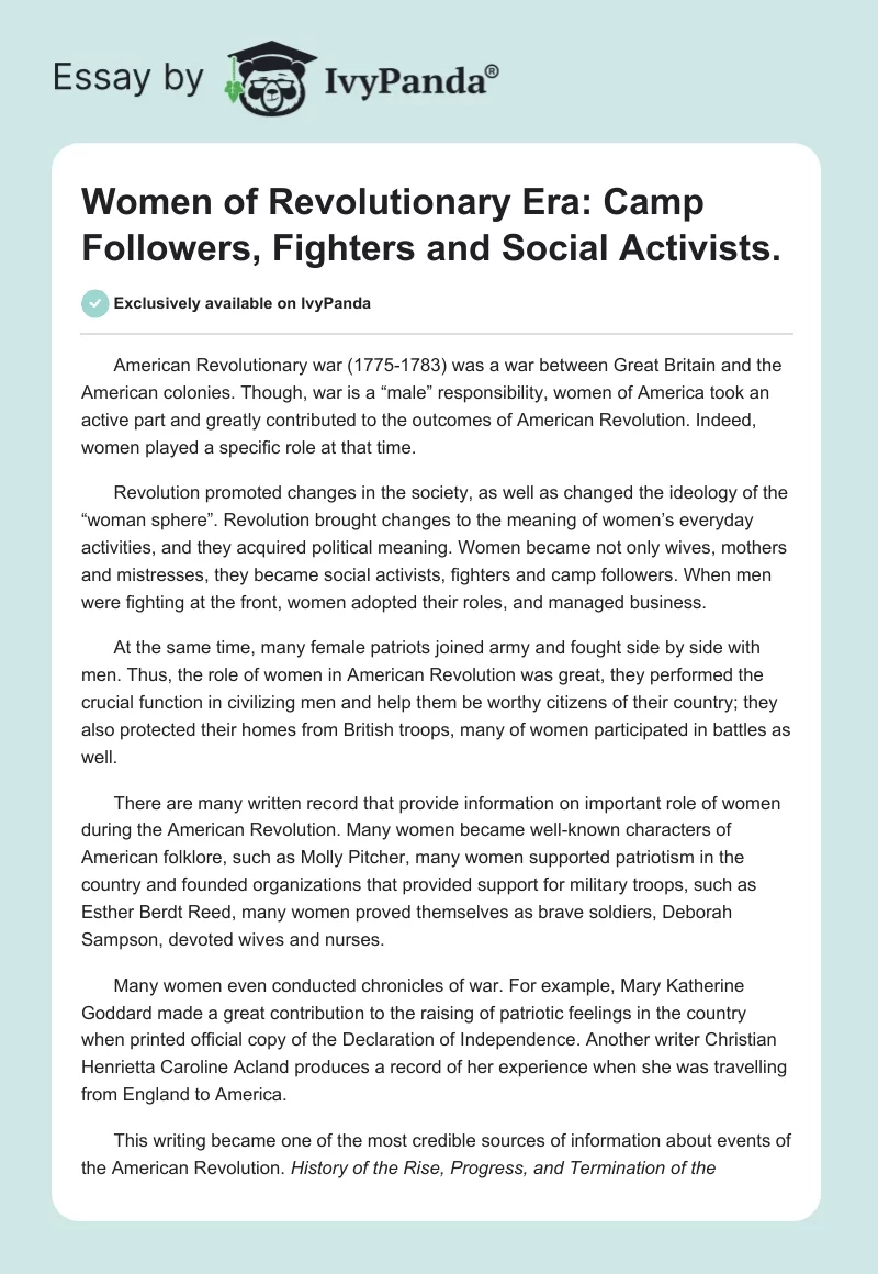 Women of Revolutionary Era: Camp Followers, Fighters and Social Activists.. Page 1