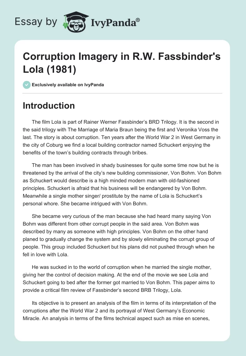 Corruption Imagery in R.W. Fassbinder's "Lola" (1981). Page 1