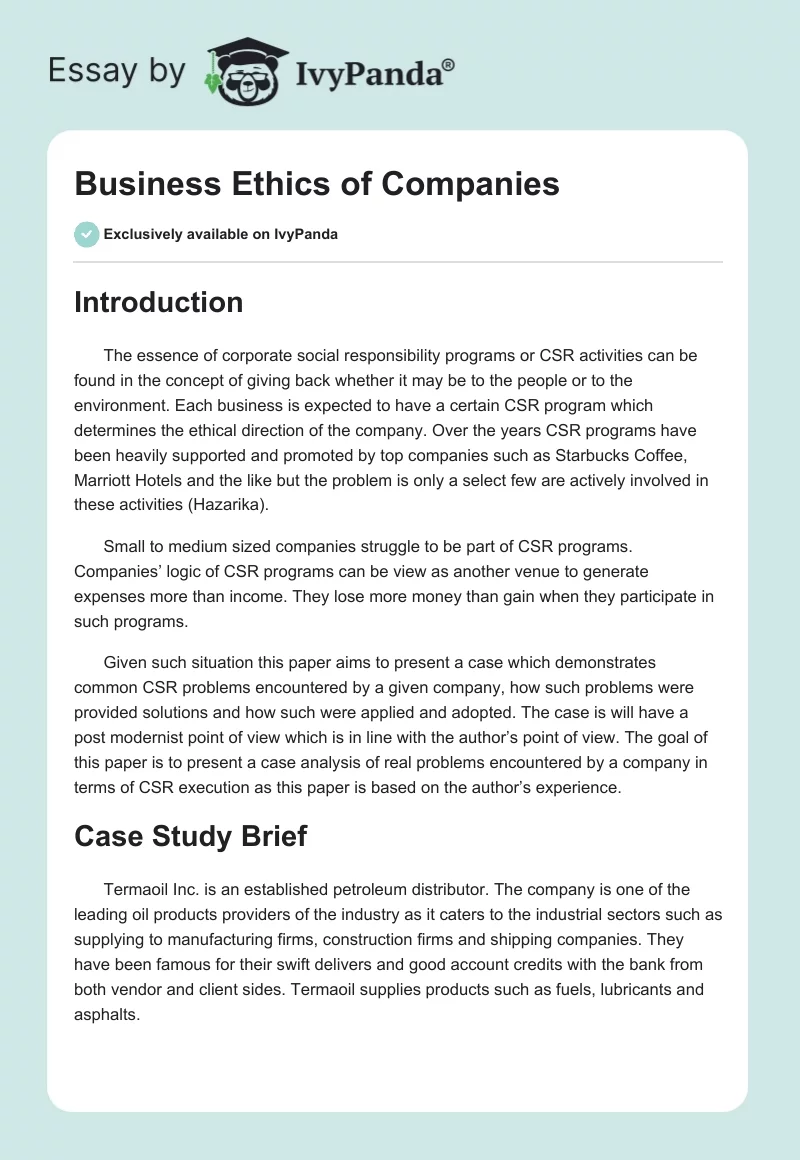 Business Ethics of Companies. Page 1