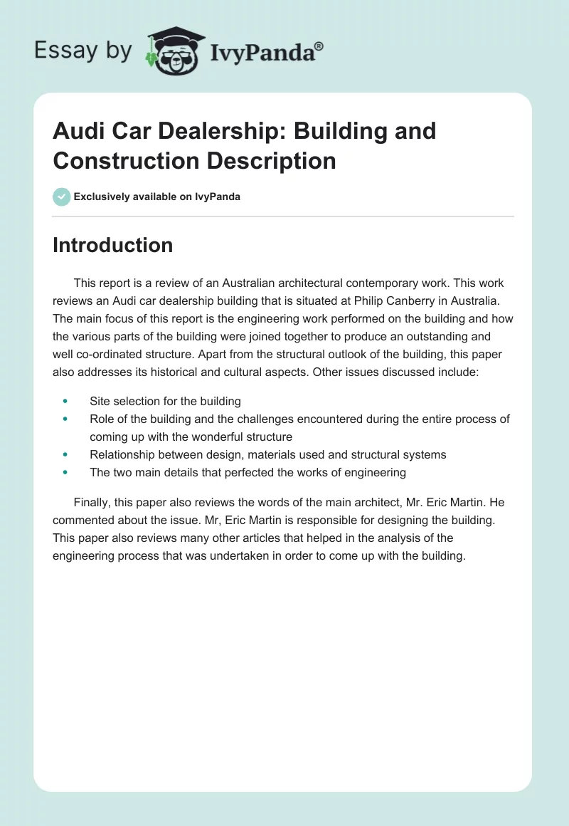 Audi Car Dealership: Building and Construction Description. Page 1