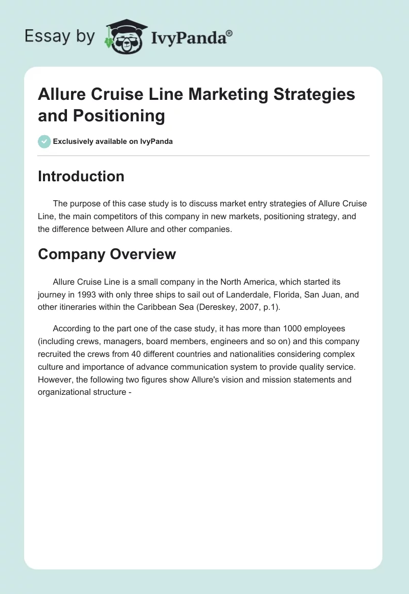 Allure Cruise Line Marketing Strategies and Positioning. Page 1
