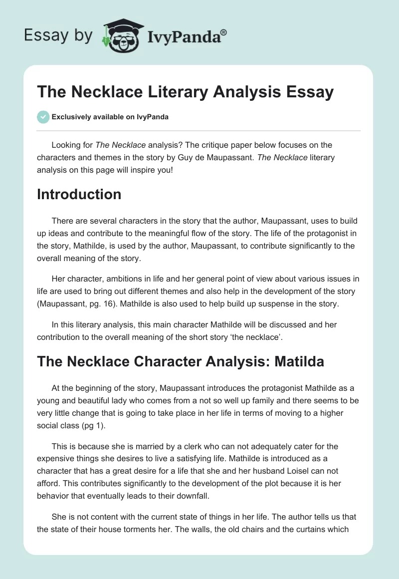 The Necklace Literary Analysis Essay. Page 1