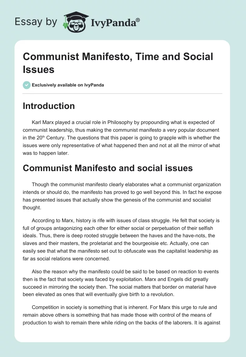 Communist Manifesto, Time and Social Issues. Page 1