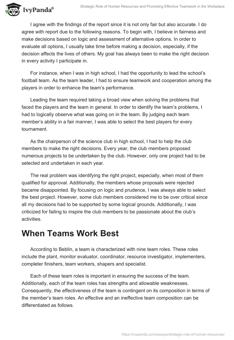 Strategic Role of Human Resources and Promoting Effective Teamwork in the Workplace. Page 2