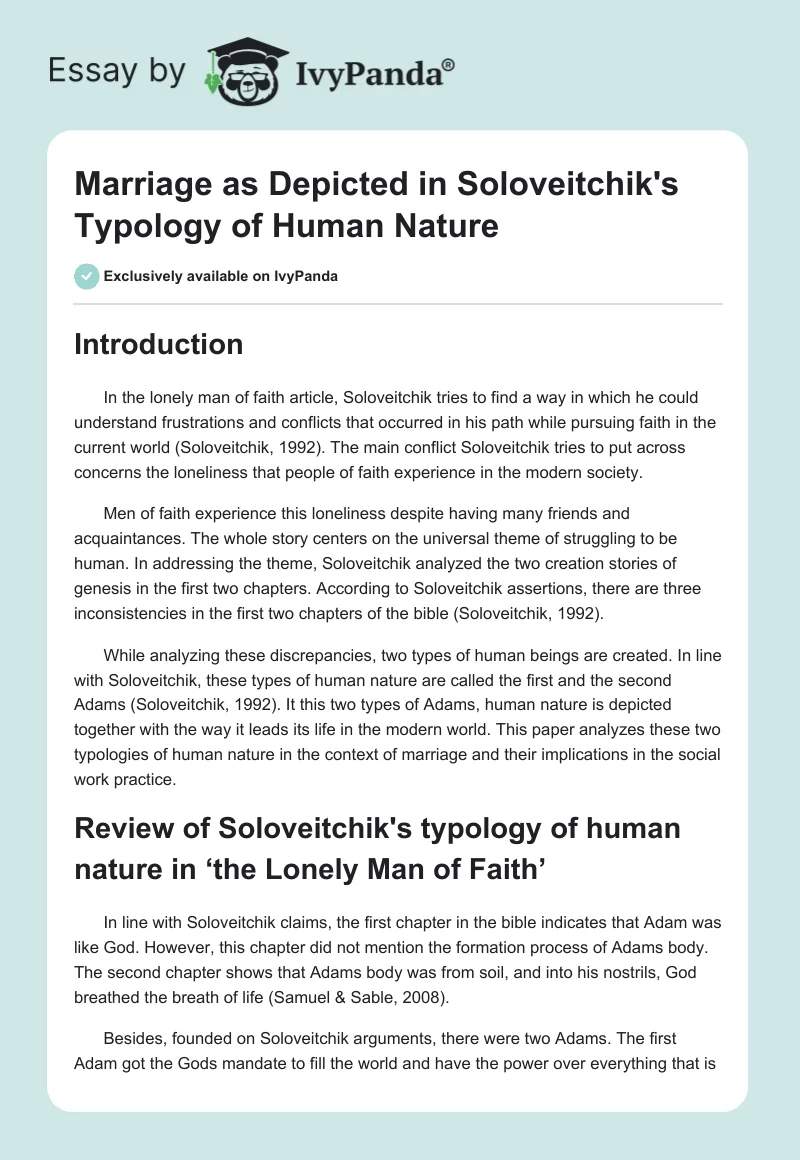 Marriage as Depicted in Soloveitchik's Typology of Human Nature. Page 1
