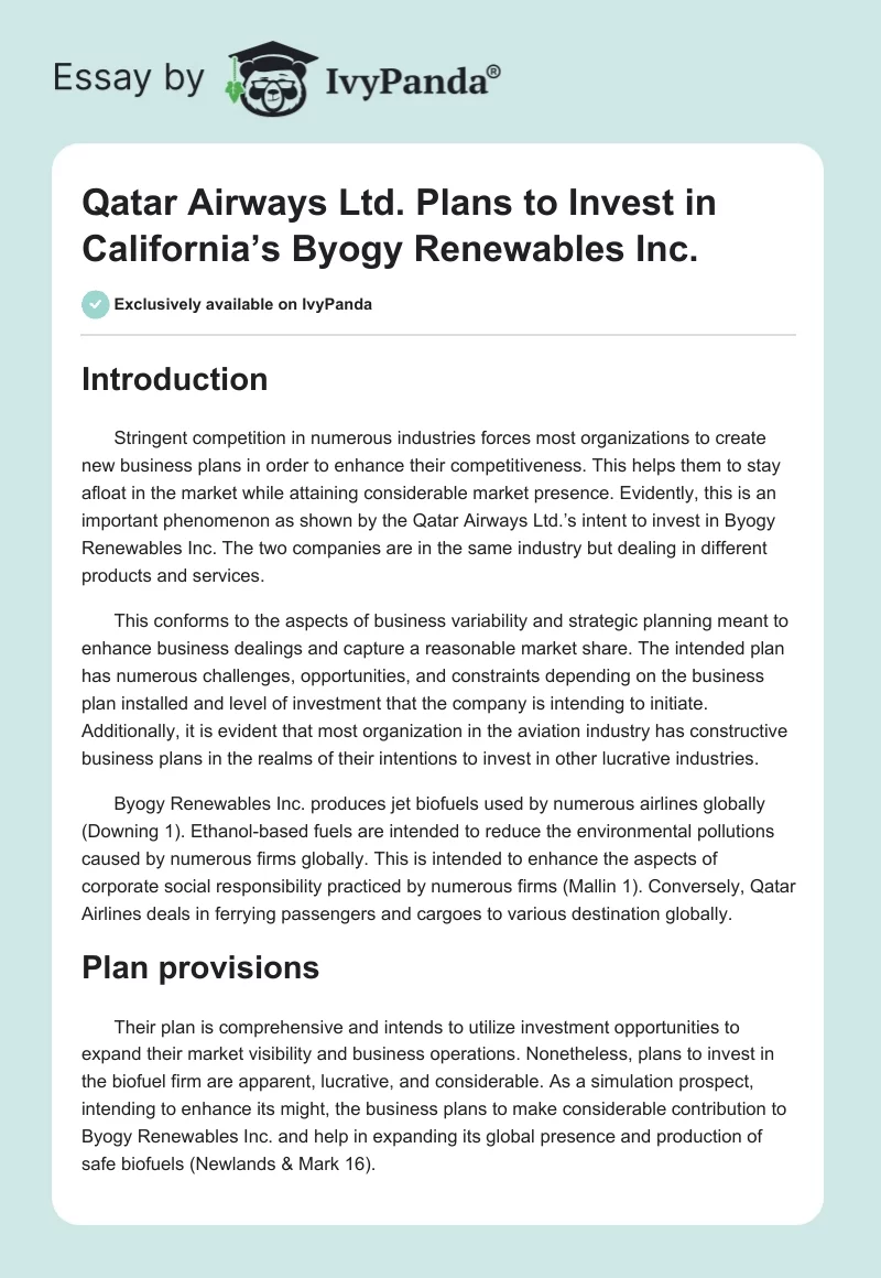 Qatar Airways Ltd. Plans to Invest in California’s Byogy Renewables Inc.. Page 1