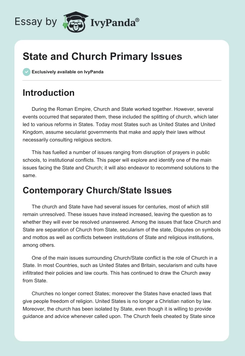 State and Church Primary Issues. Page 1