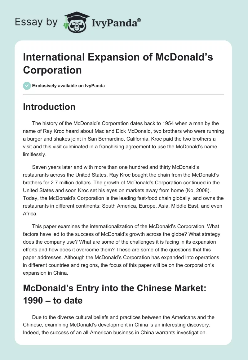 International Expansion of McDonald’s Corporation. Page 1