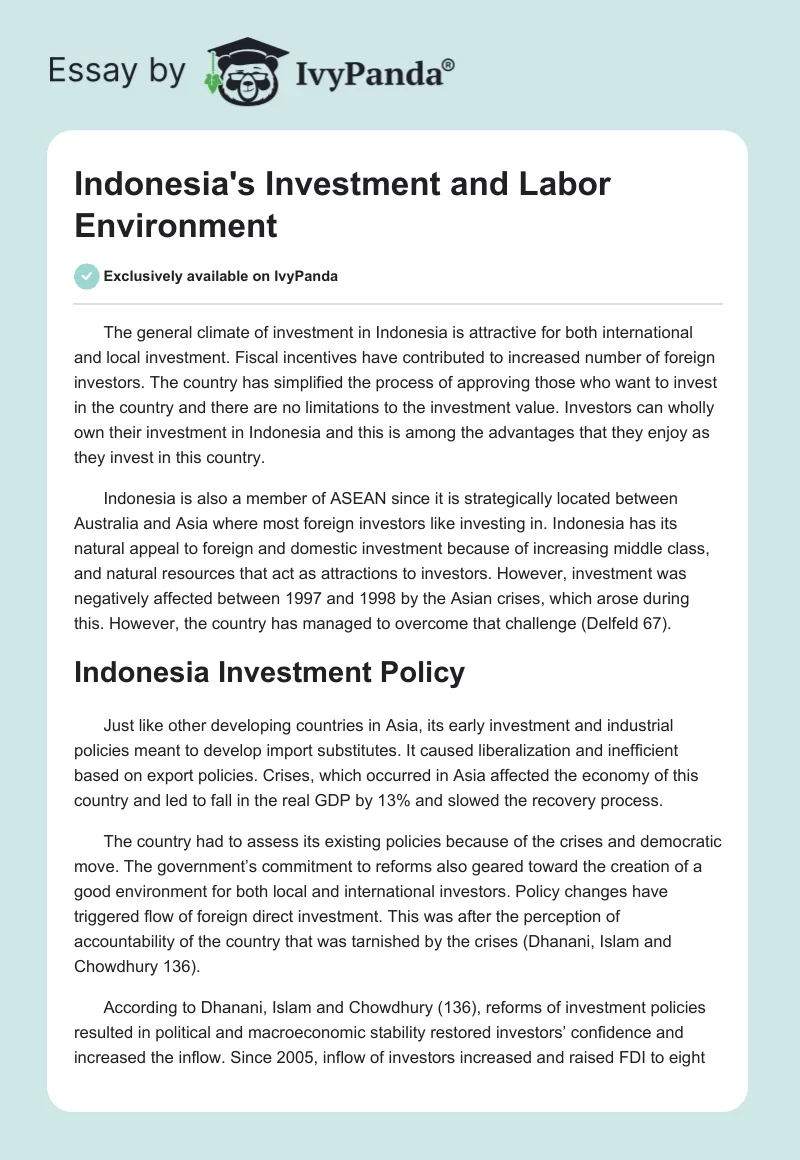 Indonesia's Investment and Labor Environment. Page 1