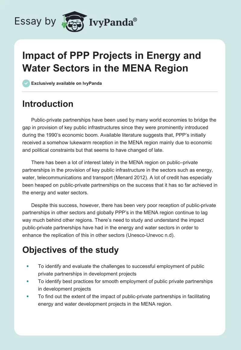 Impact of PPP Projects in Energy and Water Sectors in the MENA Region. Page 1