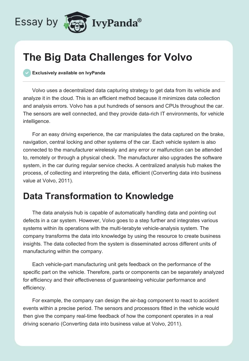 The Big Data Challenges for Volvo. Page 1