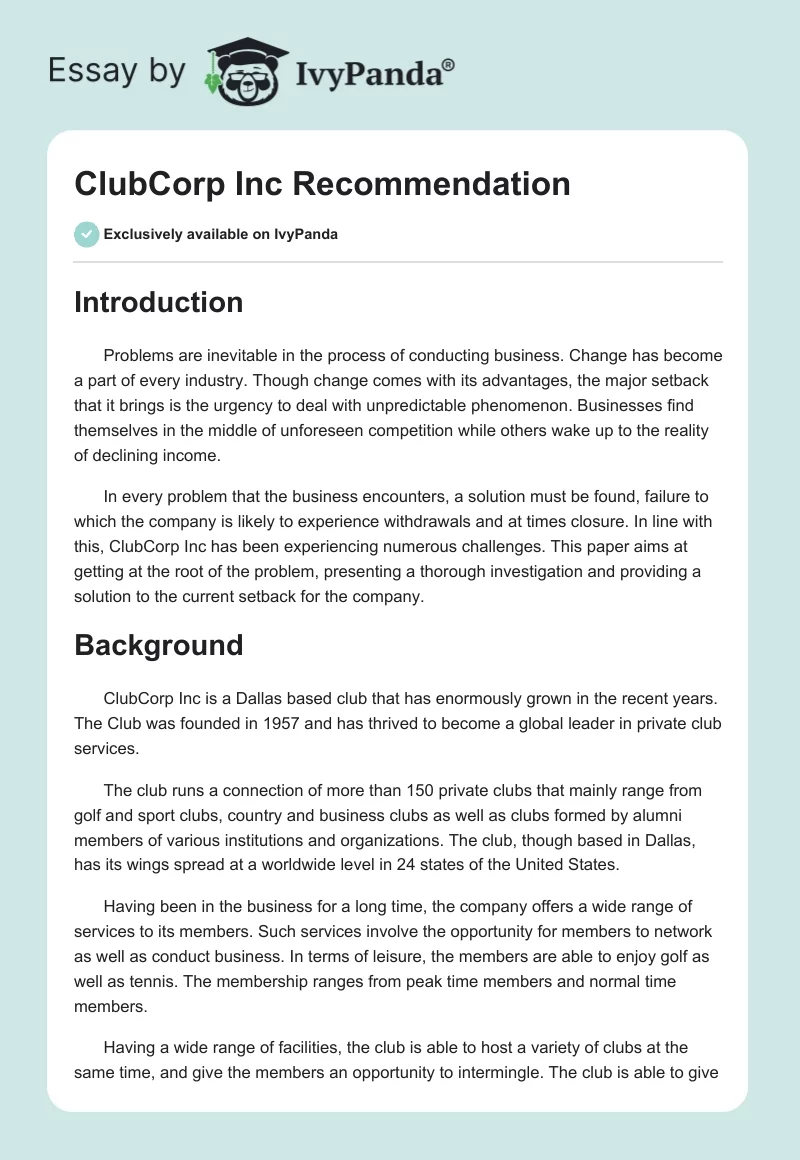 ClubCorp Inc Recommendation. Page 1