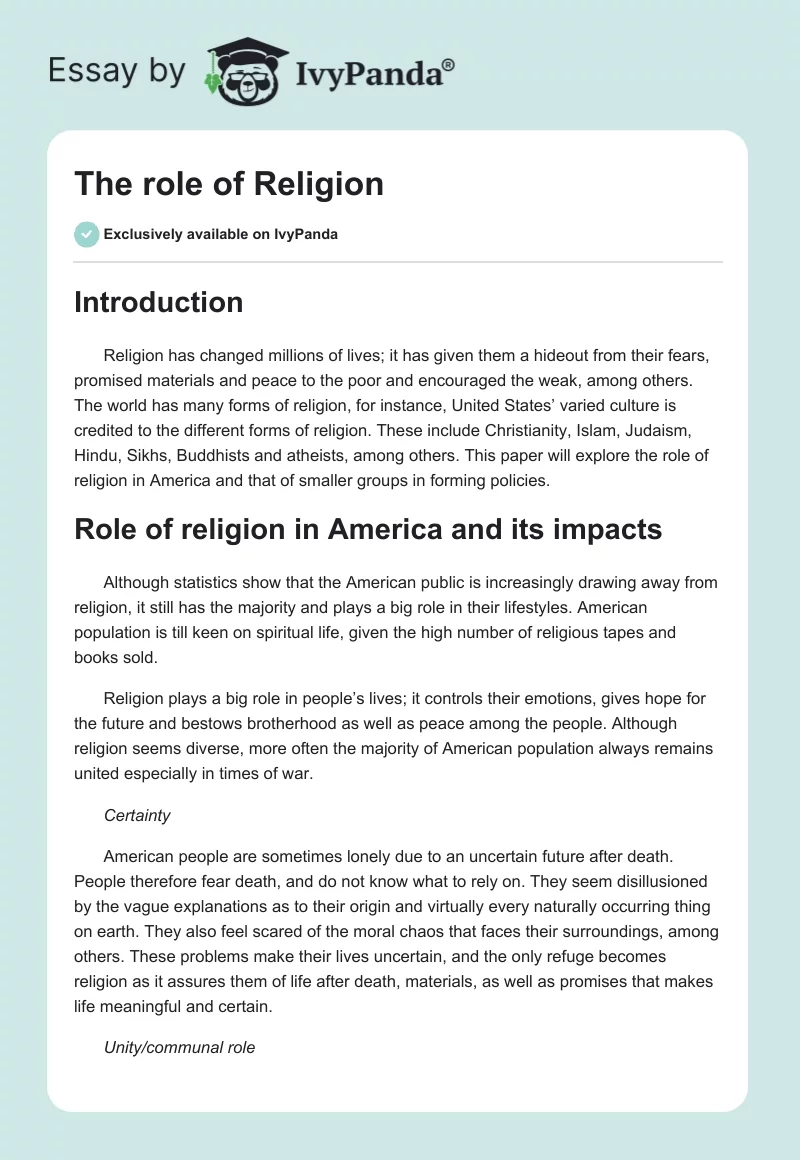 The role of Religion. Page 1