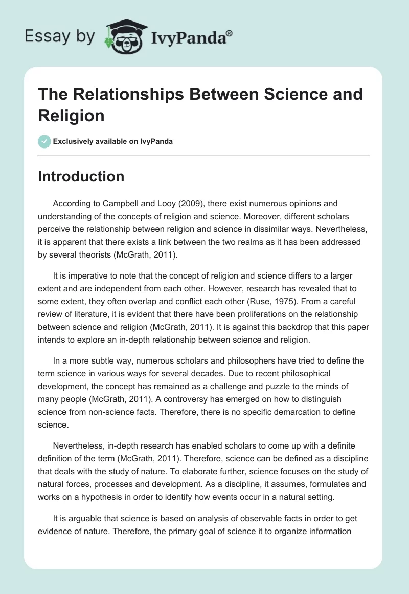 The Relationships Between Science and Religion. Page 1