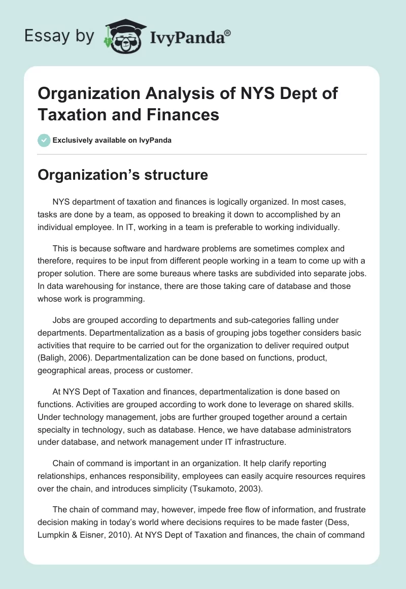 Organization Analysis of NYS Dept of Taxation and Finances. Page 1