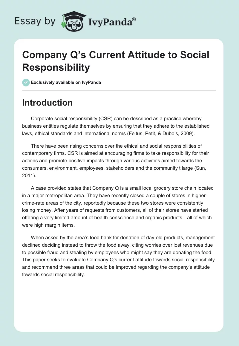 Company Q’s Current Attitude to Social Responsibility. Page 1