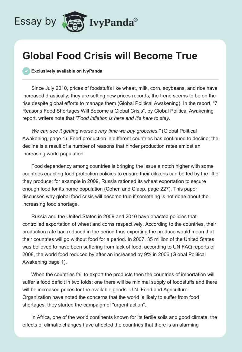 Global Food Crisis will Become True. Page 1