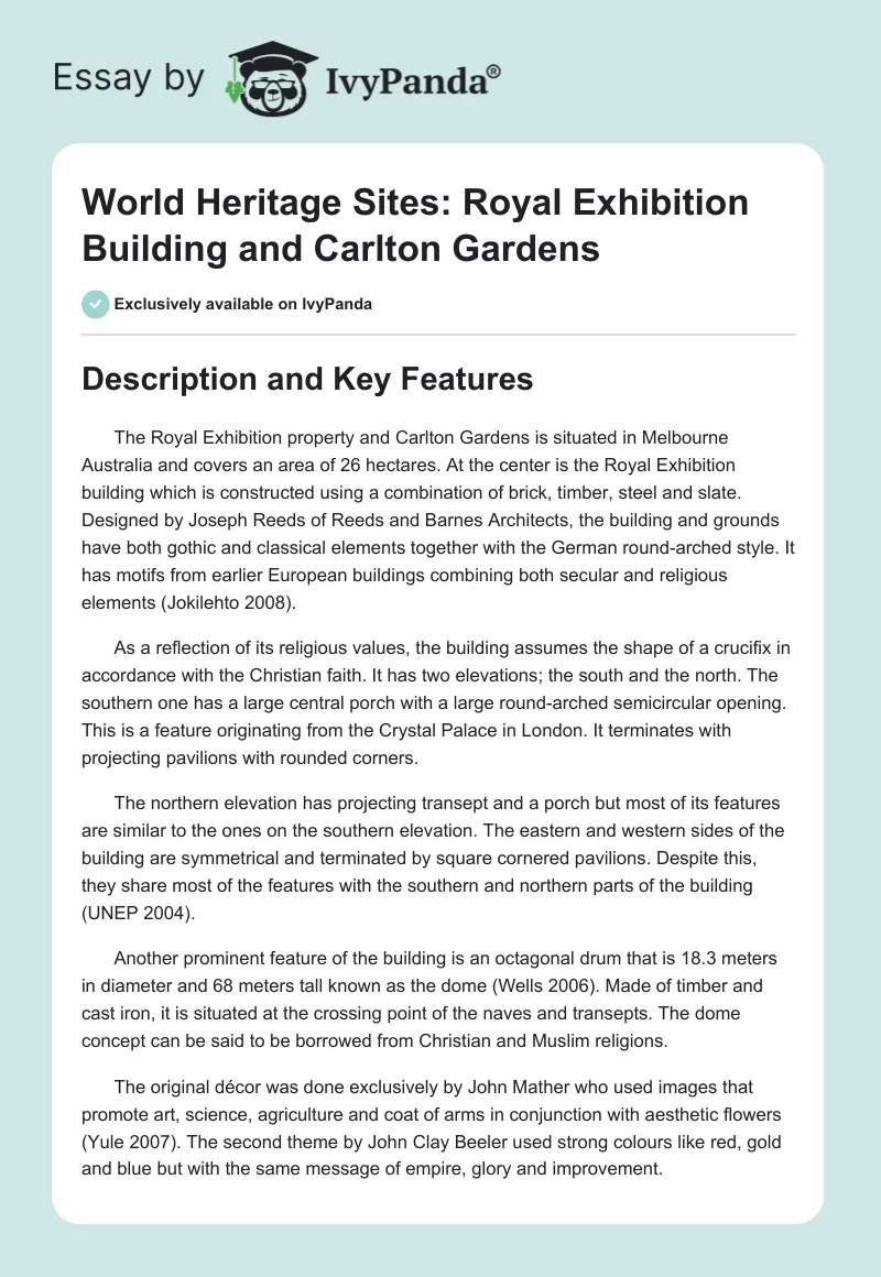 World Heritage Sites: Royal Exhibition Building and Carlton Gardens. Page 1