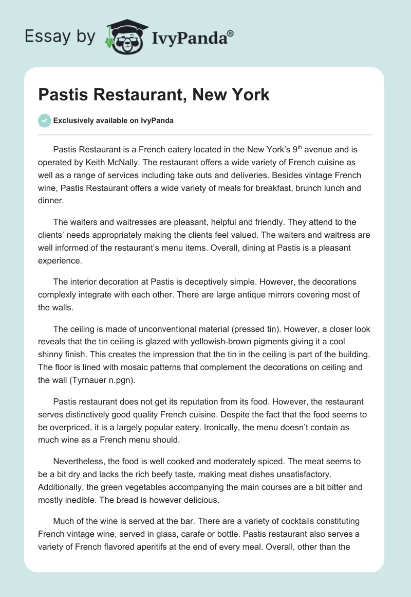 Pastis Restaurant, New York. Page 1