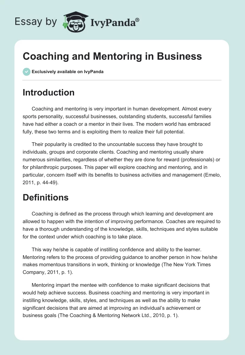 Coaching and Mentoring in Business. Page 1