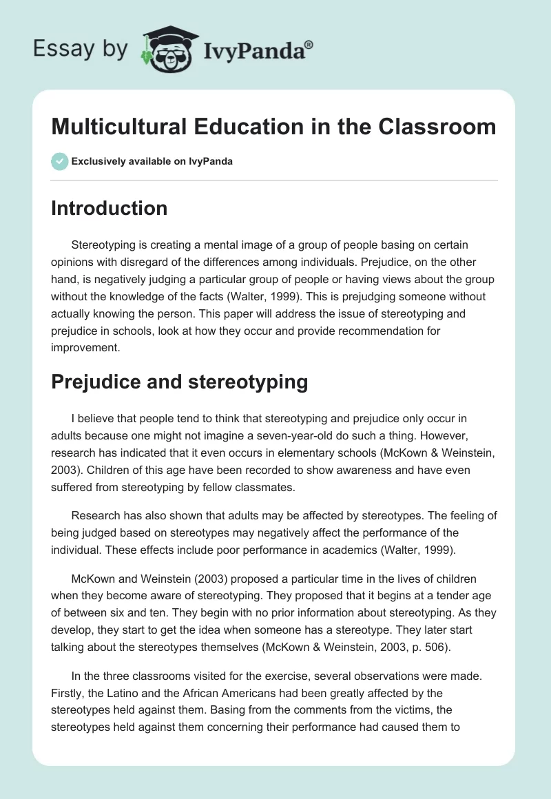 Multicultural Education in the Classroom. Page 1