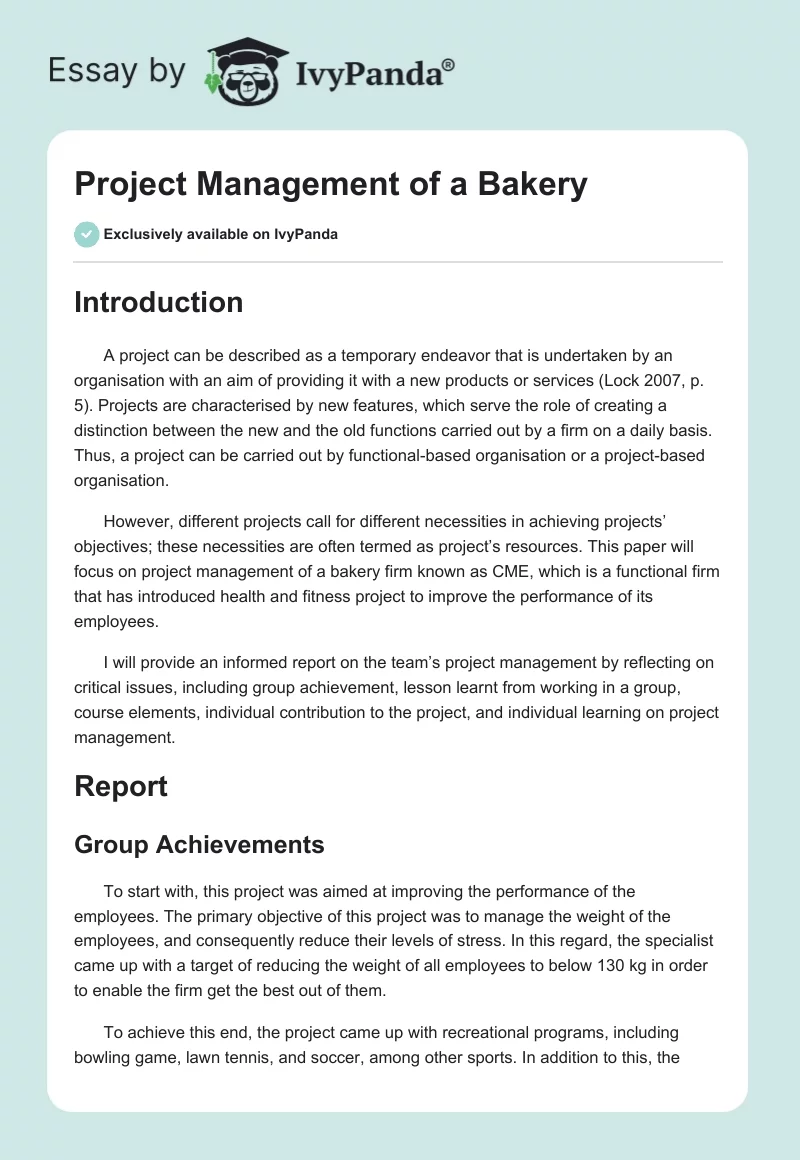 Project Management of a Bakery. Page 1