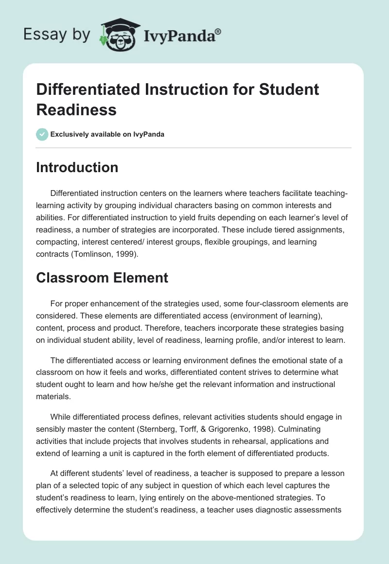 Differentiated Instruction for Student Readiness. Page 1