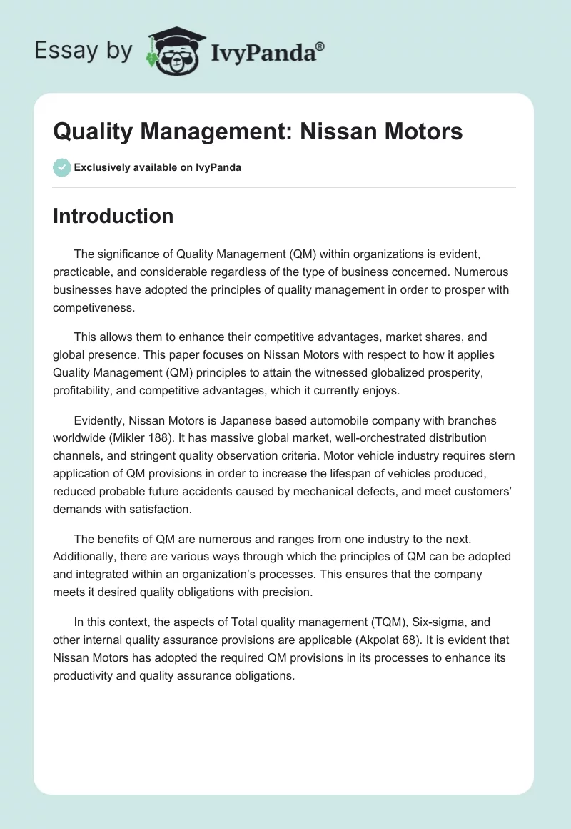 Quality Management: Nissan Motors. Page 1
