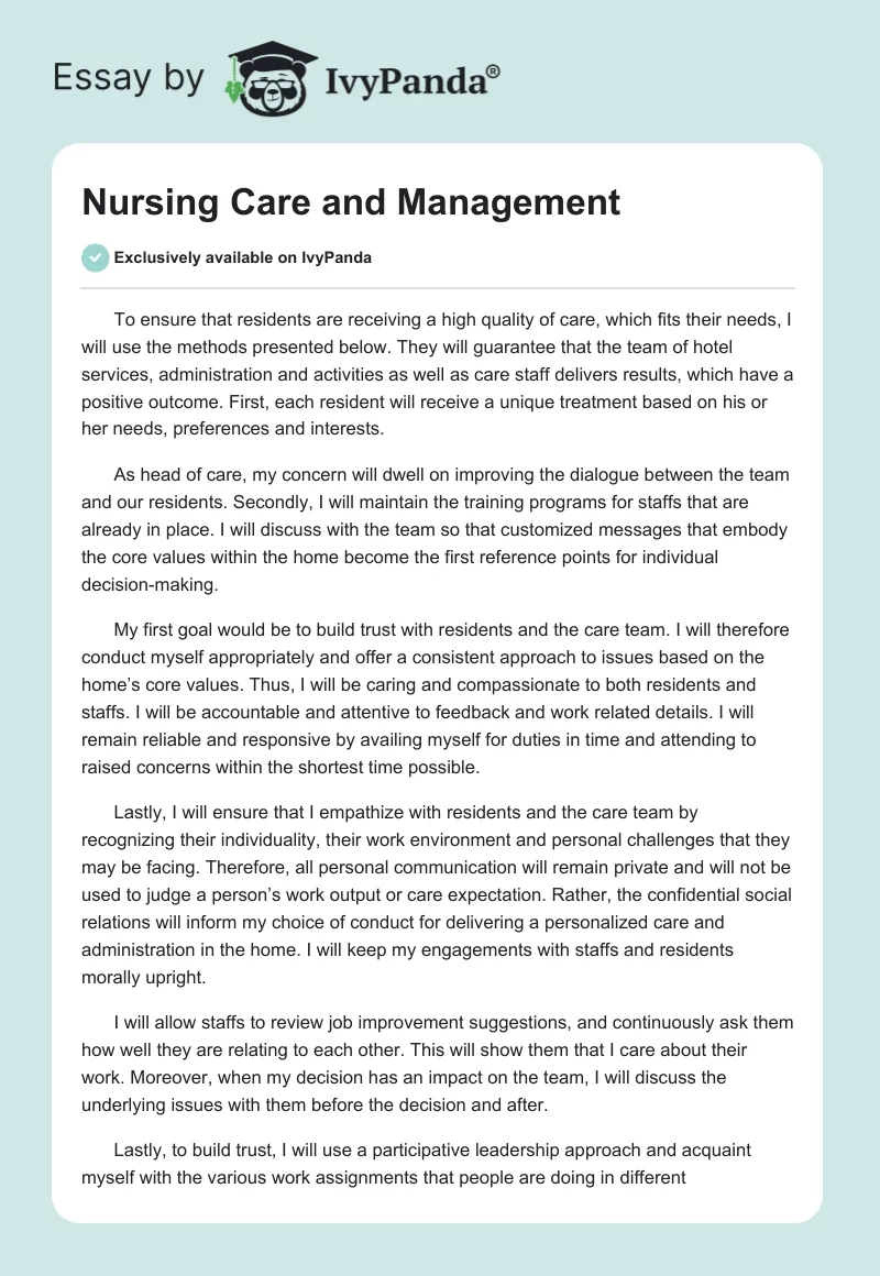 Nursing Care and Management. Page 1
