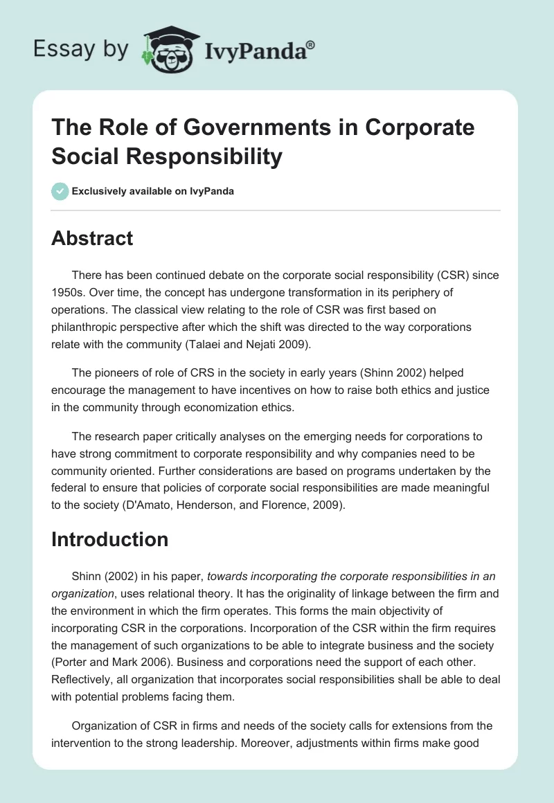 The Role of Governments in Corporate Social Responsibility. Page 1