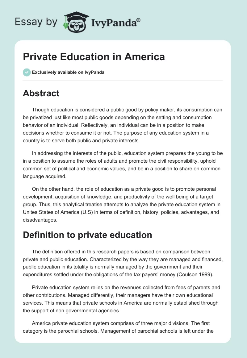 Private Education in America. Page 1