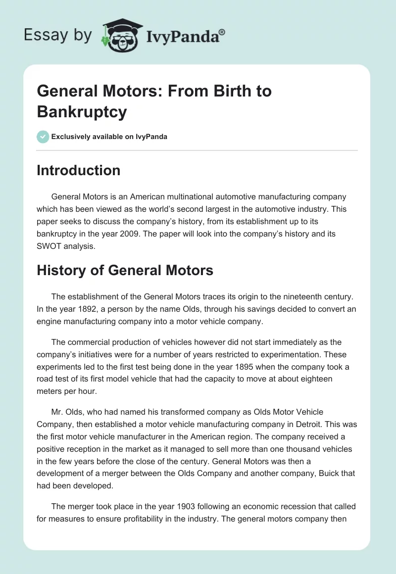 General Motors: From Birth to Bankruptcy. Page 1
