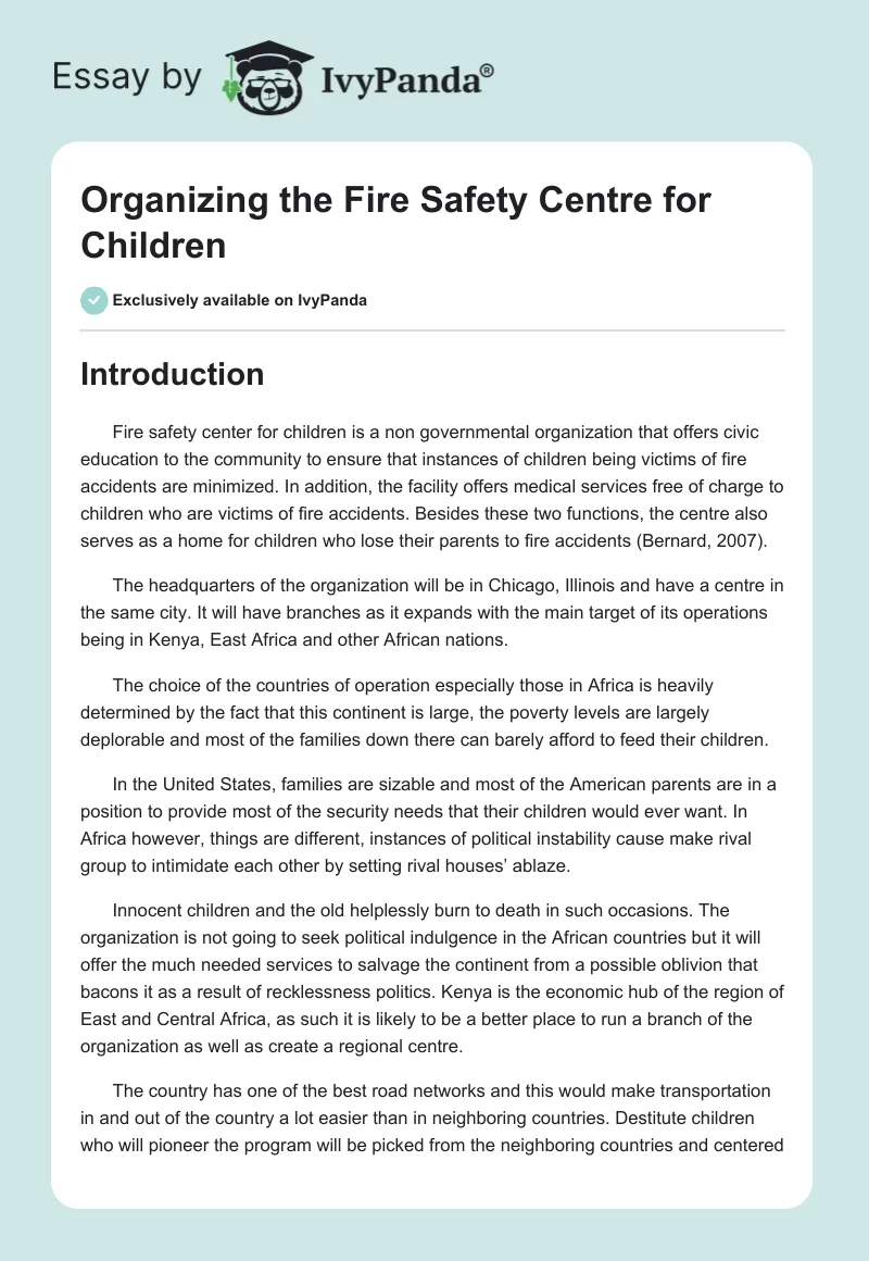 Organizing the Fire Safety Centre for Children. Page 1