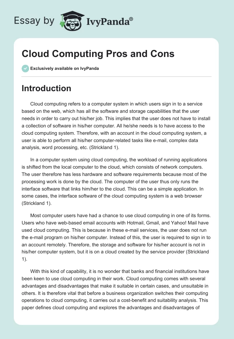 Cloud Computing Pros and Cons. Page 1