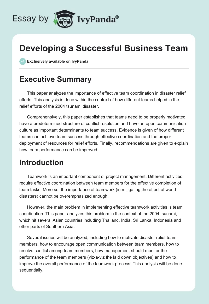 Developing a Successful Business Team. Page 1