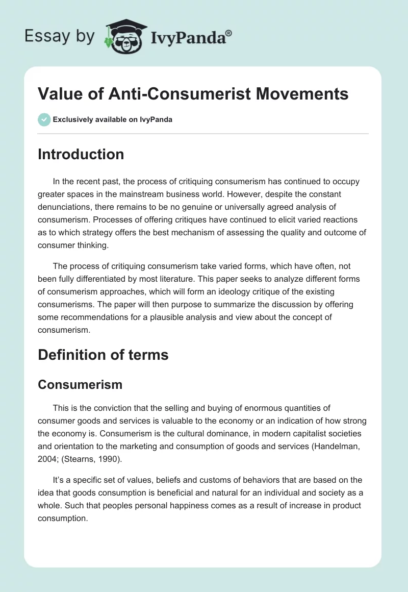 Value of Anti-Consumerist Movements. Page 1