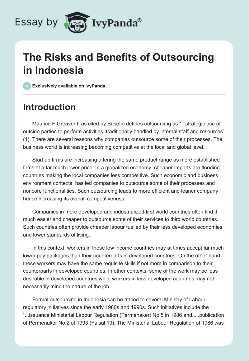The Risks and Benefits of Outsourcing in Indonesia. Page 1