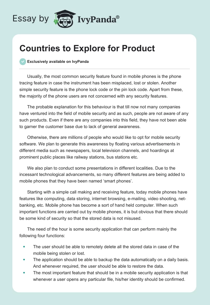 Countries to Explore for Product. Page 1