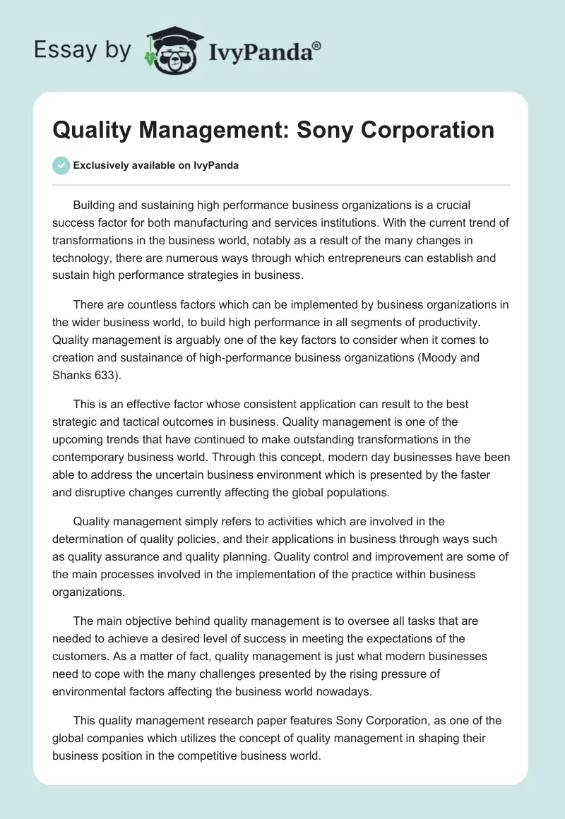 Quality Management: Sony Corporation. Page 1