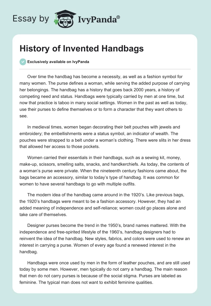 History of Invented Handbags. Page 1