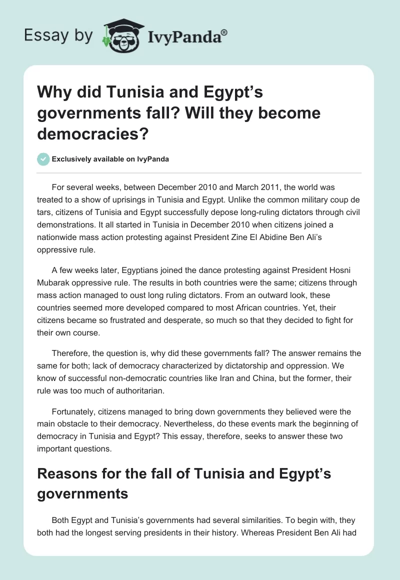 Why did Tunisia and Egypt’s governments fall? Will they become democracies?. Page 1