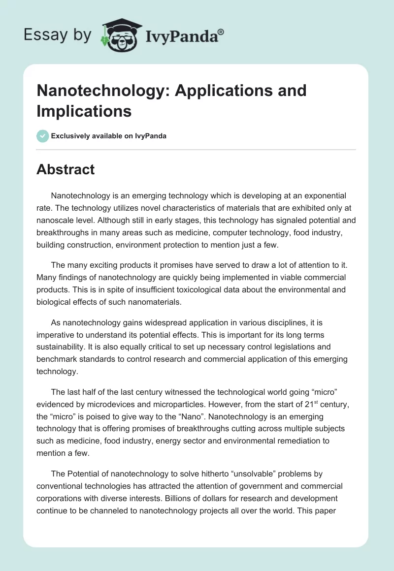 Nanotechnology: Applications and Implications - 3052 Words